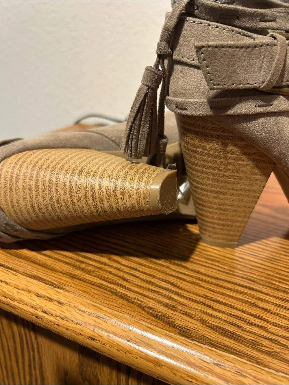 Qupid Taupe Suede Ankle Booties with Wrap Strap & Tassel